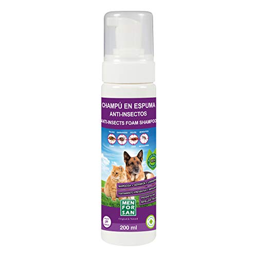 Menforsan Champú en espuma anti-insectos para perros y gatos 200ml con Margosa, Geraniol y Lavandino