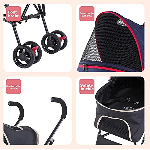 MH-RING Cochecito para Perros y Gatos,Carrito de Viaje para Mascotas,Cochecito para Perros Pequeños,Paraguas,Estructura,Transportador,Transpirable,Cochecitos para Perros,Cochecitos (Color : Blue)