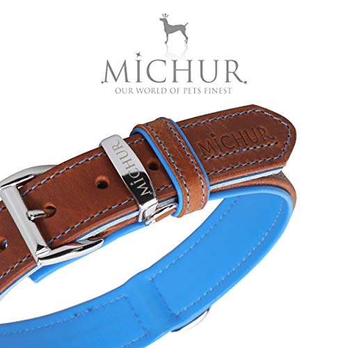 MICHUR Charly Cielo Collar de Cuero para Perros, Cuello, marrón con Costuras Azules y un Anillo para la Placa de identificación, Cuero, Disponibles en Diferentes tamaños, 62cm