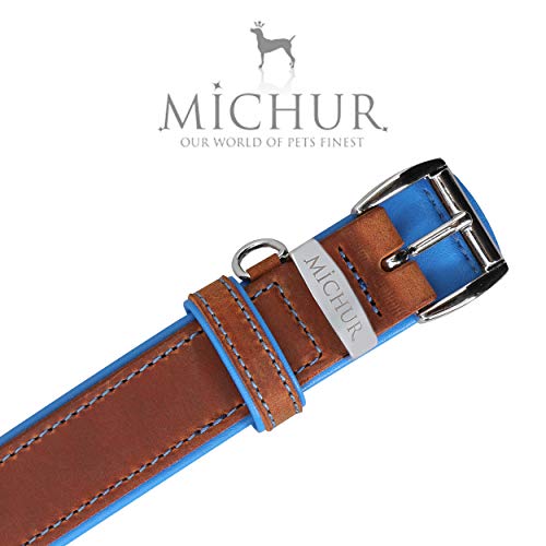 MICHUR Charly Cielo Collar de Cuero para Perros, Cuello, marrón con Costuras Azules y un Anillo para la Placa de identificación, Cuero, Disponibles en Diferentes tamaños, 62cm