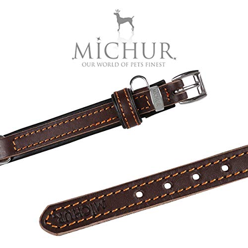 MICHUR Minimo Collar de Cuero para Perros, Cuello, marrón con Costuras Naranja y un Anillo para la Placa de identificación, Cuero, Disponibles en Diferentes tamaños, 41cm