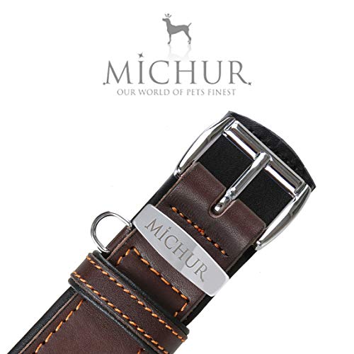 MICHUR Minimo Collar de Cuero para Perros, Cuello, marrón con Costuras Naranja y un Anillo para la Placa de identificación, Cuero, Disponibles en Diferentes tamaños, 41cm