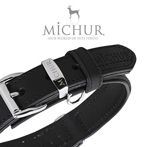 MICHUR Minimo Collar de Cuero para Perros, Cuello, Negro y un Anillo con Placa de identificación para Placas de identificación, Cuero, Disponibles en Diferentes tamaños, 51cm