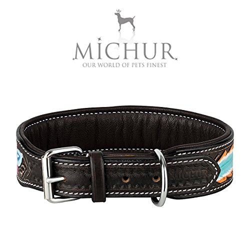 MICHUR Pietro marrón Negro con patrón de Plumas, Collar de Cuero para Perros, Collar de Cuero para Perros, Cuello, Cuero, Disponible en Diferentes tamaños