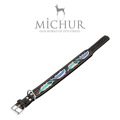 MICHUR Pietro marrón Negro con patrón de Plumas, Collar de Cuero para Perros, Collar de Cuero para Perros, Cuello, Cuero, Disponible en Diferentes tamaños