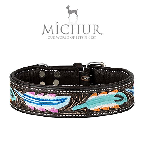 MICHUR Pietro marrón Negro con patrón de Plumas, Collar de Cuero para Perros, Collar de Cuero para Perros, Cuello, Cuero, Disponible en Diferentes tamaños