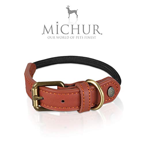 Michur Sherpa Black Stone, Refuerzo de Collar de Perro en Cuero y rocío, Redondo con núcleo de Poliamida y Nylon Trenzado, Collar de Cuero para Perros en Diferentes tamaños Disponibles