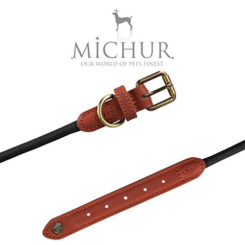 Michur Sherpa Black Stone, Refuerzo de Collar de Perro en Cuero y rocío, Redondo con núcleo de Poliamida y Nylon Trenzado, Collar de Cuero para Perros en Diferentes tamaños Disponibles