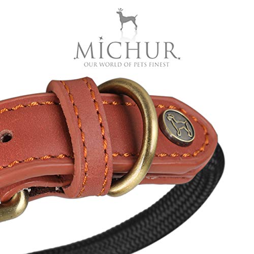 Michur Sherpa Black Stone, Refuerzo de Collar de Perro en Cuero y rocío, Redondo con núcleo de Poliamida y Nylon Trenzado, Collar de Cuero para Perros en Diferentes tamaños Disponibles