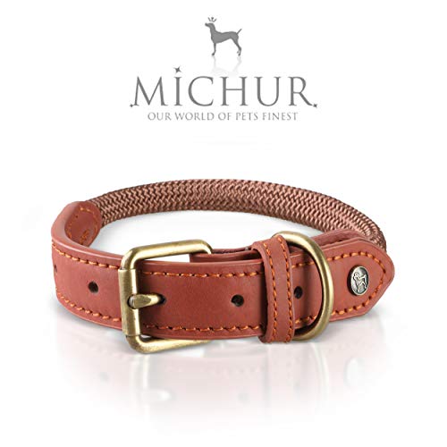 Michur Sherpa Brown Sugar, Refuerzo de Collar de Perro en Cuero y rocío, Redondo con núcleo de Poliamida y Nylon Trenzado,Collar de Perro maremmano