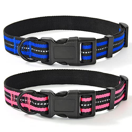 Mile High Life Night Tiras Reflectantes Dobles Collar de Perro de Nylon (2 Pack Azul/Rosa Brillante, X-Small Neck 23 cm- 33cm -9KG)