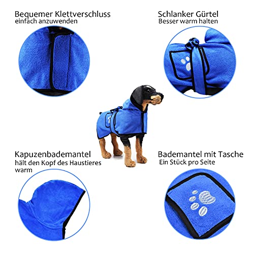 MILEEO Albornoces para Perros de Doble Bolsillo, Capucha y Correa, Albornoz para Mascotas portátil Bata para Perros súper Absorbente y de Secado rápido, Toallas de Baño para Mascotas (S, Azul)