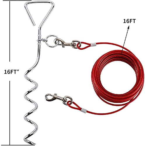 MNNE Estacas de Amarre para Perros,Piqueta Enganche al Suelo para Perro Anclajes para Tierra Cuerda para Perros Espiral Amarre el Cable y la estaca Reflectante Accesorios de Cadena Correa de 16FT Red