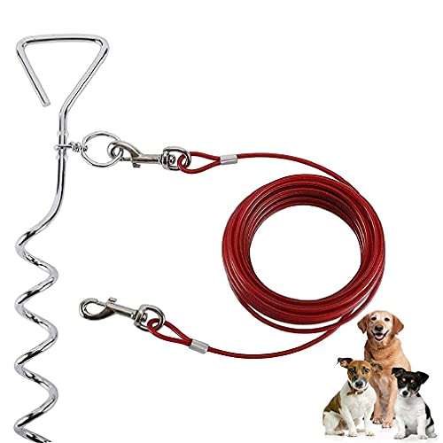 MNNE Estacas de Amarre para Perros,Piqueta Enganche al Suelo para Perro Anclajes para Tierra Cuerda para Perros Espiral Amarre el Cable y la estaca Reflectante Accesorios de Cadena Correa de 16FT Red