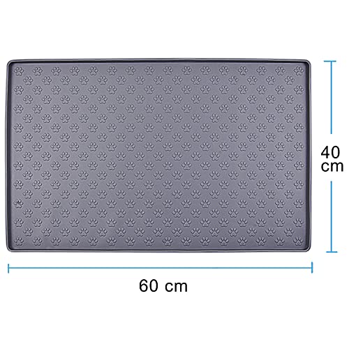 MOACC Alfombrilla de Silicona para Comederos de Perros Gatos, Estera Comida y Agua Antideslizante Impermeable Tapetes para Comer para Mascota, Gris Pata Patrón, 60 x 40 cm