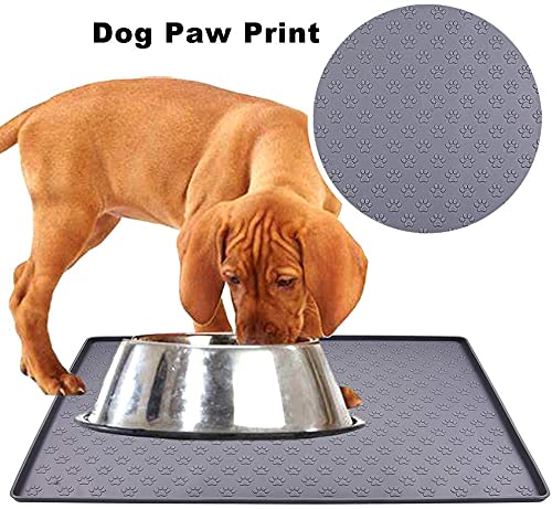 MOACC Alfombrilla de Silicona para Comederos de Perros Gatos, Estera Comida y Agua Antideslizante Impermeable Tapetes para Comer para Mascota, Gris Pata Patrón, 60 x 40 cm