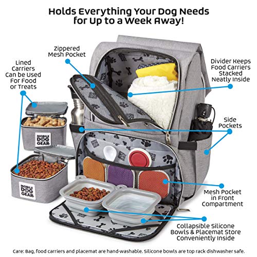 Mobile Dog Gear, Ultimate Week Away Mochila para perros pequeños, incluye 2 soportes de alimentos y 2 cuencos de silicona plegables, gris jaspeado