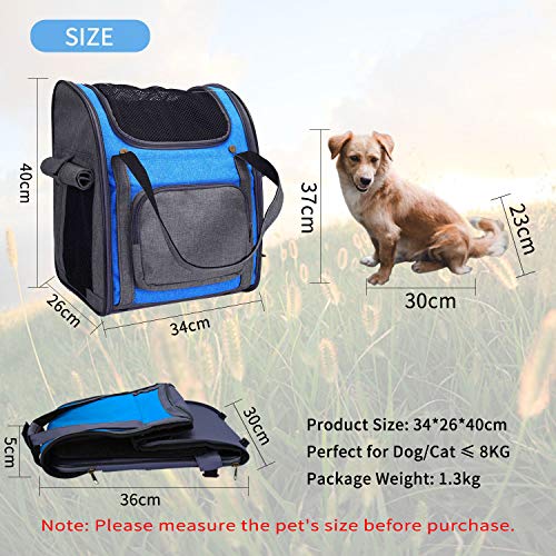 Mochila Plegable Transportin para Perro Gato Cachurro Gatito Mascota Pequeña, Transportín Portador Bolsa de Transporte Respirable Impermeable Peso de hasta 8 kg para Viaje Avión (Gris + Azul)