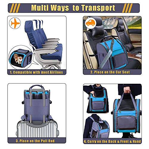 Mochila Plegable Transportin para Perro Gato Cachurro Gatito Mascota Pequeña, Transportín Portador Bolsa de Transporte Respirable Impermeable Peso de hasta 8 kg para Viaje Avión (Gris + Azul)