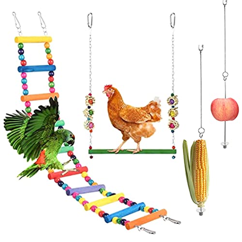 Moosunsa 4 columpios colgantes para gallinas, juguete de gallina, escalera de columpio de colores arcoíris para gallinas, casita de metal veggia, pájaro, perca grande