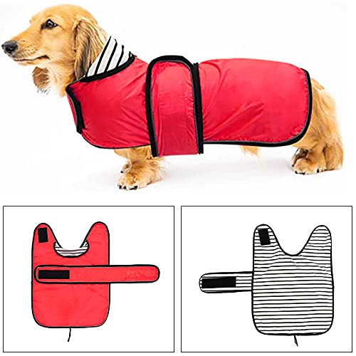 MOREZI Abrigo Impermeable para Perros con Hebilla de Hook Loop y Orificio para cordón, Adecuado para Perros Salchicha, sabuesos y Razas de Perros similares-Rojo-L