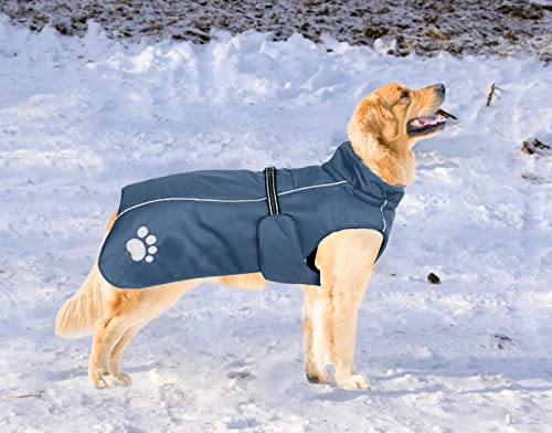 MOREZI Chaqueta para Perro de Cuello Alto, Capa Exterior Impermeable, Forro Polar Interior, con cinturón y cordón Ajustable, Apto para Perros medianos y Grandes-Azul navy-2XL