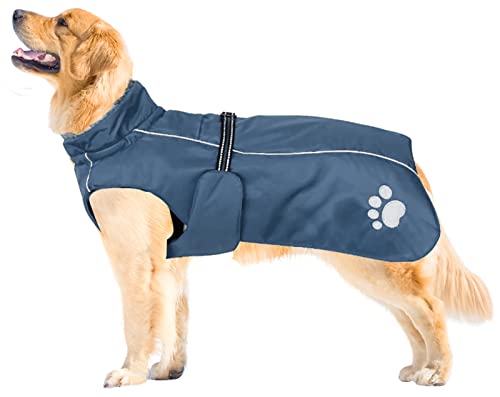 MOREZI Chaqueta para Perro de Cuello Alto, Capa Exterior Impermeable, Forro Polar Interior, con cinturón y cordón Ajustable, Apto para Perros medianos y Grandes-Azul navy-2XL