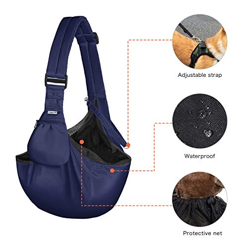 MOSISO Bolso pequeño para Transporte de Perros y Gatos para Mascotas, Manos Libres, Correa Acolchada Ajustable, Poliéster Transpirable, Suave, Bolso de Viaje con Bolsillo Frontal, Azul Marino