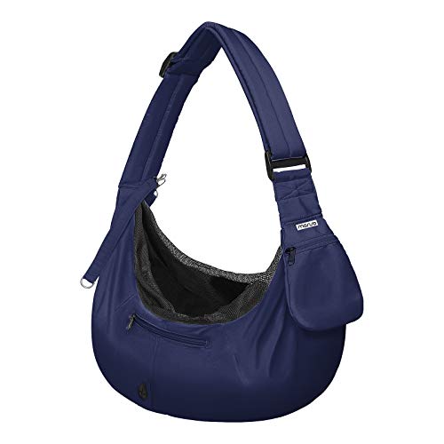 MOSISO Bolso pequeño para Transporte de Perros y Gatos para Mascotas, Manos Libres, Correa Acolchada Ajustable, Poliéster Transpirable, Suave, Bolso de Viaje con Bolsillo Frontal, Azul Marino