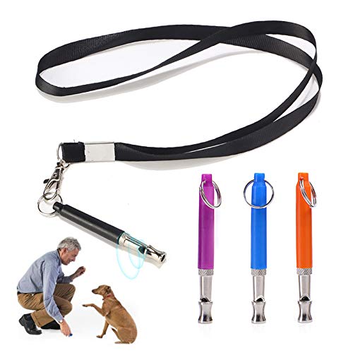 Mousyee Silbato Perro, 4 Piezas Juego de Silbatos para Perros de Cuatro Colores Silbatos para Perros de Acero Inoxidable con Cordones y Llaveros para Recuperación Control de Ladridos y Alcance Lejano