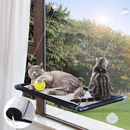 MQUPIN Ventana de Gato Cama de Hamaca, Hamaca para Gatos con Almohadilla de Malla Suave, Cama Gatos con Ventosas de 5 Perillas y Capacidad de Carga de hasta 25 kg(55 LB), Extra una Manta de Franela