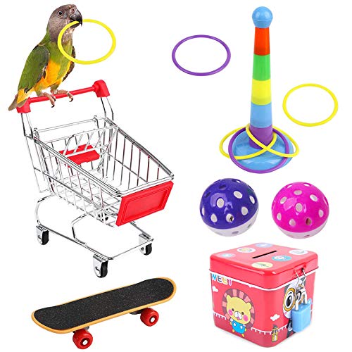 NAMIS Juguetes Agapornis 7pcs Juguetes Loros Mini Carro de la Compra monopatín Anillo de Entrenamiento Campana Juguetes interactivos para pajaros,Loros,guacamayos,cotorras,periquitos,cacatúas