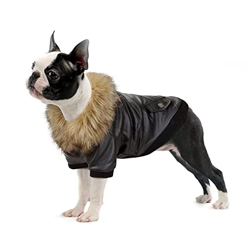 NAMSAN Abrigo para Perros Invierno Ropa para Perros Cuero Chaqueta para Perros Abrigado con el Borreguito y Botones Mascotas Disfraces para Pequeño/Medianos Perros (Negro) - S