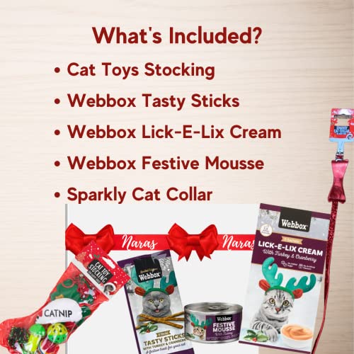 Naras Cat Toys - Medias navideñas con Webbox Tasty Sticks, Webbox Lick-E-Lix Crema y Webbox para gatos, regalos para gatos