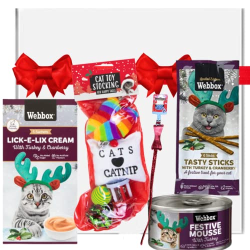 Naras Cat Toys - Medias navideñas con Webbox Tasty Sticks, Webbox Lick-E-Lix Crema y Webbox para gatos, regalos para gatos