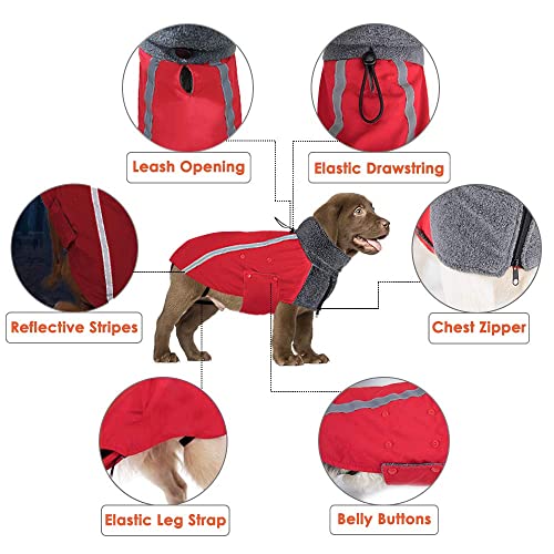 Nasjac Abrigo de Invierno para Perro, Forro Polar cálido, Forro Polar para Perros con Bufanda de Cuello Alto con Rayas Reflectantes Ajustable Impermeable a Prueba de Viento para Cachorros (L, Rojo)