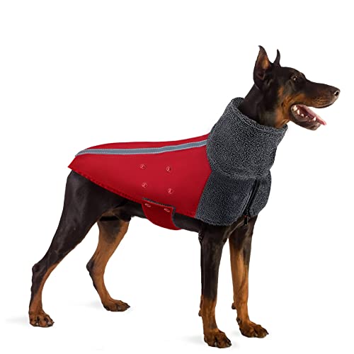 Nasjac Abrigo de Invierno para Perro, Forro Polar cálido, Forro Polar para Perros con Bufanda de Cuello Alto con Rayas Reflectantes Ajustable Impermeable a Prueba de Viento para Cachorros (L, Rojo)