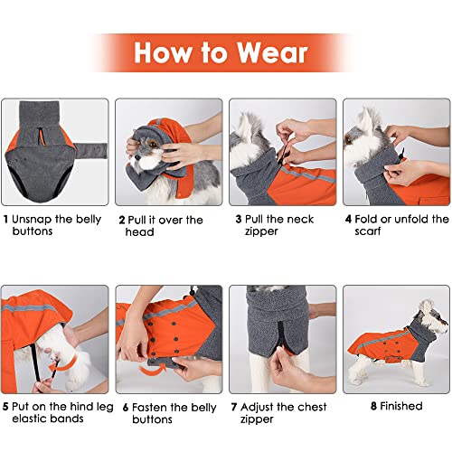 Nasjac Abrigo de Invierno para Perros, cálido Forro Polar para Perros con Bufanda de Cuello Alto, Rayas Reflectantes, Chaleco Impermeable Ajustable Traje para Perros (M, Naranja)