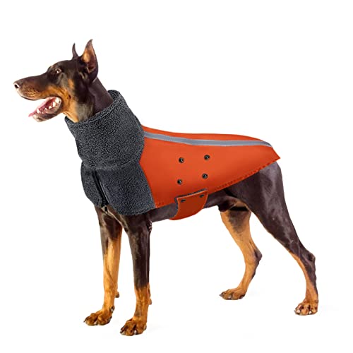 Nasjac Abrigo de Invierno para Perros, cálido Forro Polar para Perros con Bufanda de Cuello Alto, Rayas Reflectantes, Chaleco Impermeable Ajustable Traje para Perros (XL, Naranja)