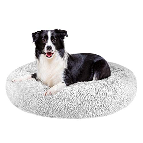 Nasjac Cama calmante para Mascotas, Nido de Mimbre para Donuts Cojín de Felpa Suave y cálido para Perros con Esponja acogedora Parte Inferior Antideslizante para Mascotas (XL(80Cm), Gris Claro)