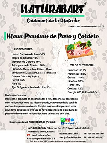 NATURABARF | Menú Premium de Pavo y Cordero para Perros medianos | de 6-7 Kilos a 22-24 Kilos de Peso en Edad Adulta. (10 kg)