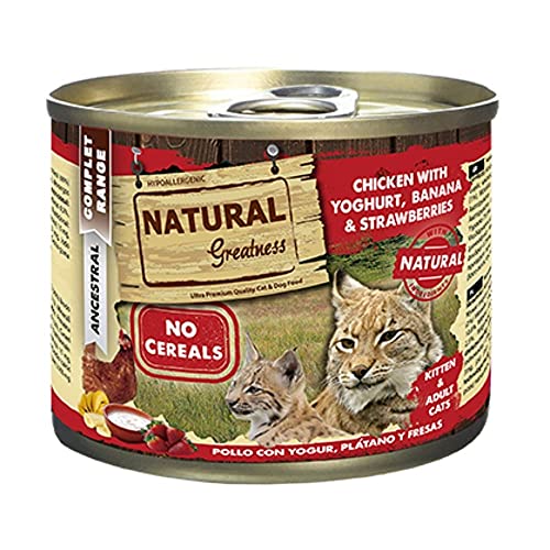 Natural Greatness Comida Húmeda para Gatos de Pollo con Yogur, Plátano y Fresas. Pack de 12 Unidades. 200 gr Cada Lata