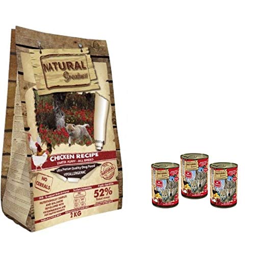 NATURAL GREATNESS - Pienso de Pollo para Perros Cachorros Hipoalergénico Sin Cereales - Saco 2 kg + 3 Latas Reno y Arenque con Yogurt ANIMALUJOS