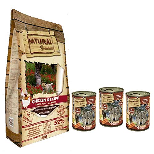 NATURAL GREATNESS - Pienso de Pollo para Perros Cachorros Hipoalergénico Sin Cereales - Saco 6 kg + 3 Latas Venado y Zanahoria | ANIMALUJOS