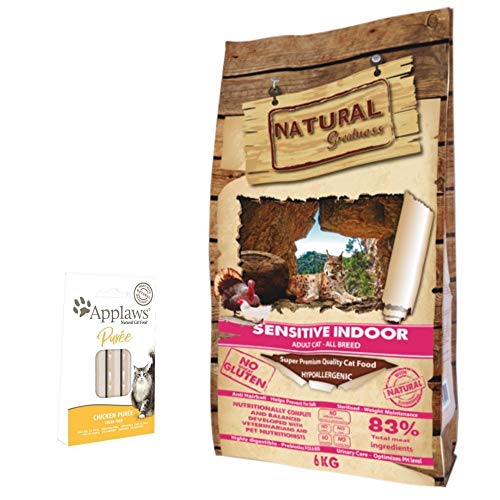 Natural Greatness - Pienso Natural No Gluten Gatos Senior Esterilizados o de Interior Saco 6 Kg - Incluye 8 Snacks Naturales de Pollo