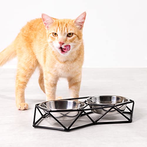 Navaris Comedero y Bebedero para Gato Perro - 2X Cuenco Elevado de Acero Inoxidable para Perros Gatos - Doble tazón Desmontable con Soporte - Negro