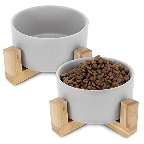 Navaris Comederos para Perros elevados - 2X Comedero de cerámica para Perro y Gatos Cachorros - con Soporte de bambú Antideslizante - en Gris