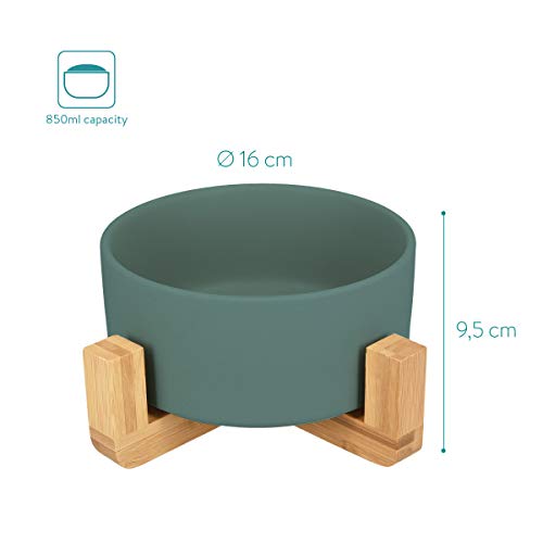 Navaris Comederos para Perros elevados - 2X Comedero de cerámica para Perro y Gatos Cachorros - con Soporte de bambú Antideslizante - En Verde