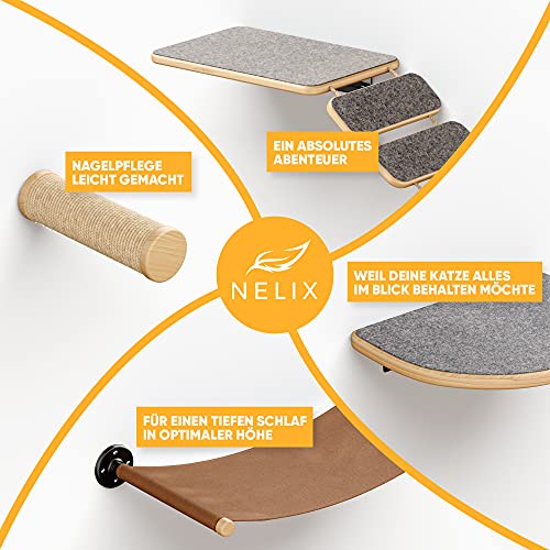 Nelix Rascador para gatos | Rascador 2.0 para gatos | Pared de escalada de madera auténtica | Escalera para gatos muebles de gato hamaca (5 piezas)