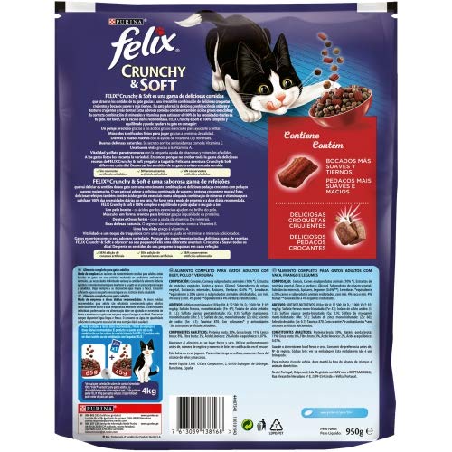 Nestlé Purina Felix Crunchy and Soft con Pollo y Verduras Comida para Gato pienso para Gato 950 g - Pack de 6